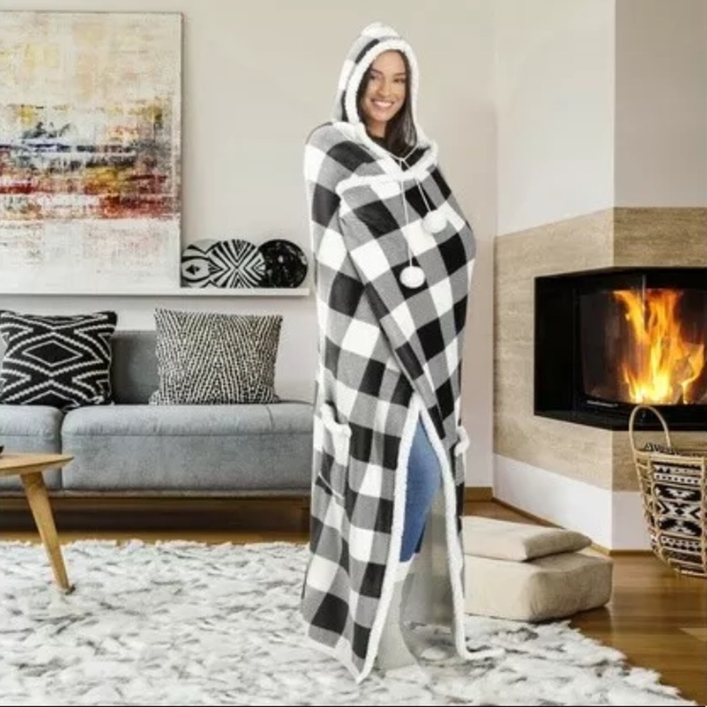 Buffalo Plaid Sherpa Hoodie Blanket